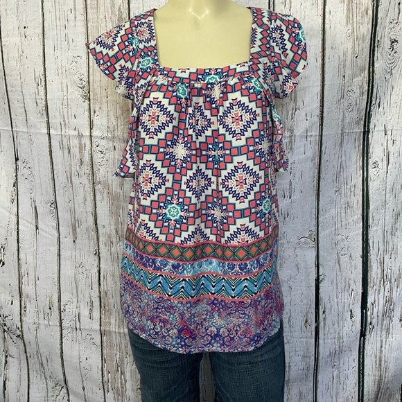 Anthropology Meadow Rue Sz 2 Square Neck Flutter Sleeve Blouse Mosaic Tile Top - Picture 1 of 5